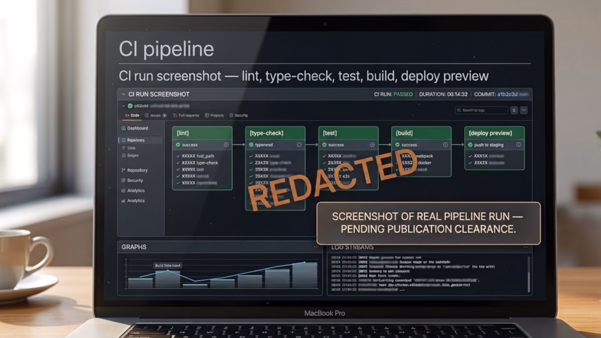 CI pipeline run — lint, type-check, test, build, deploy preview