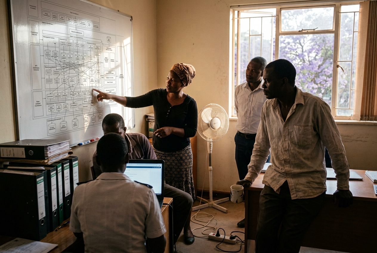 Health informatics engineers and a clinician working at a whiteboard in a Harare ministry office during a power cut