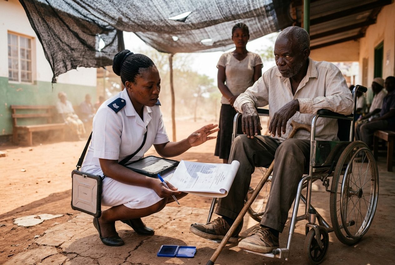 A nurse kneels beside an elderly man in a wheelchair, explaining a paper consent form