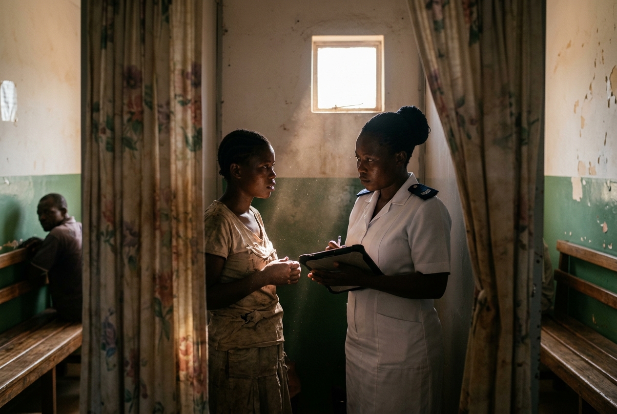 Through a gap in a privacy curtain, a young woman speaks quietly with a nurse