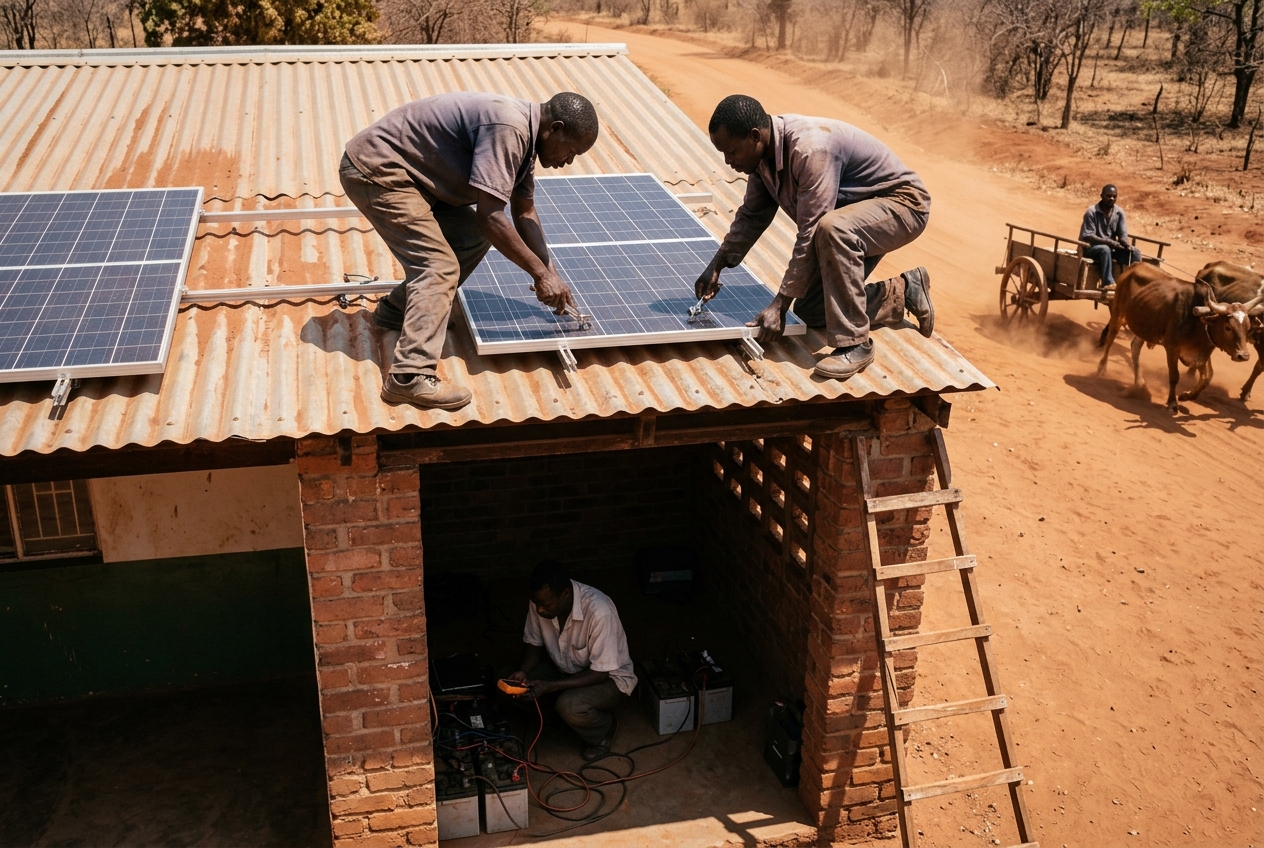 Technicians install solar panels on a rural clinic roof while another wires a battery bank below