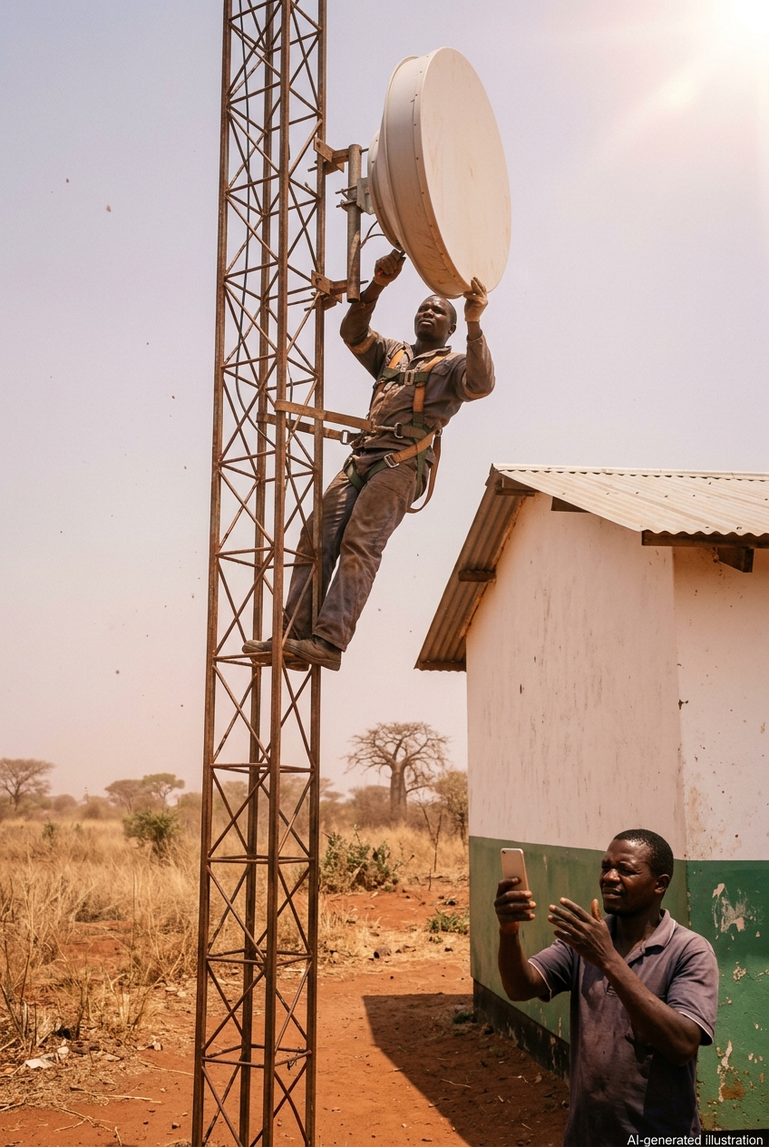 A harnessed technician aligns a microwave dish on a rusty mast beside a rural clinic