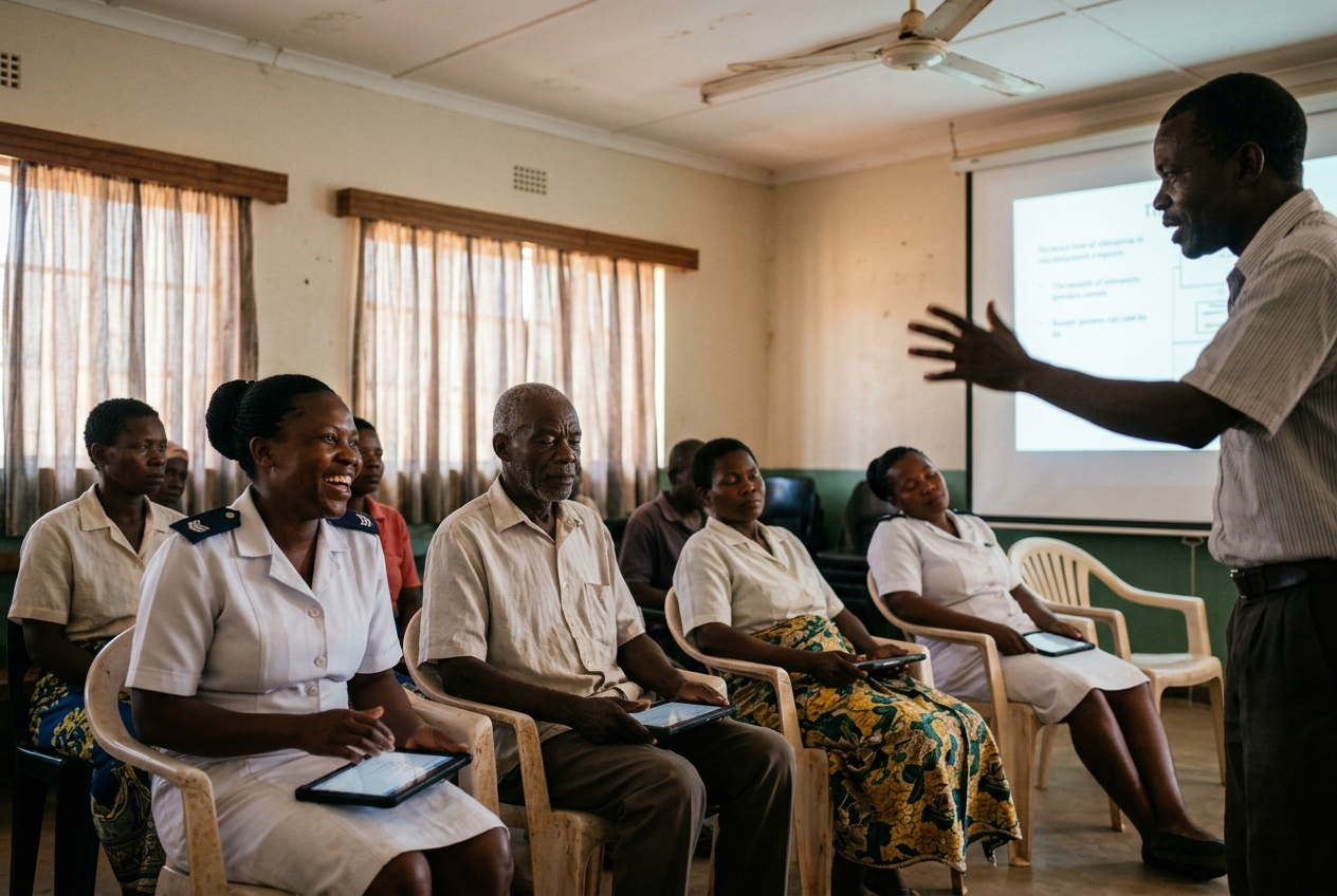 Nurses and clerks with tablets on their laps at a training session in a district hospital hall
