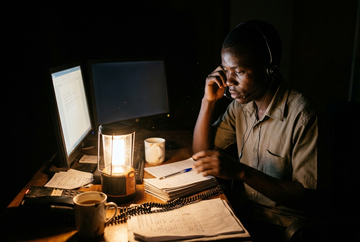 A district ICT support technician on a headset call writes a paper ticket by lantern light during a power cut