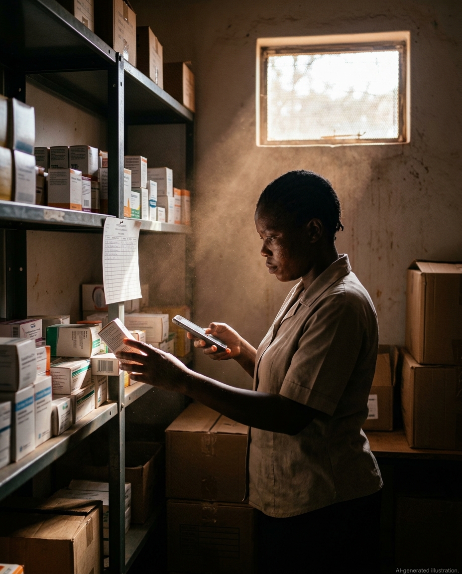 A pharmacy technician scans a medicine carton barcode in a dusty rural dispensary storeroom