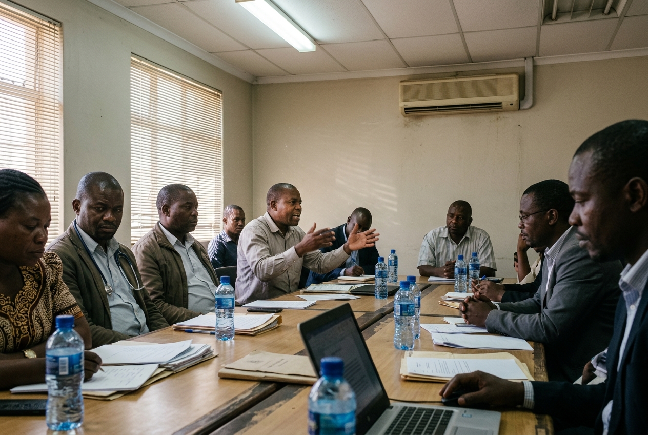 A steering committee of clinicians, officials, a lawyer and a community representative debates in a modest Harare boardroom