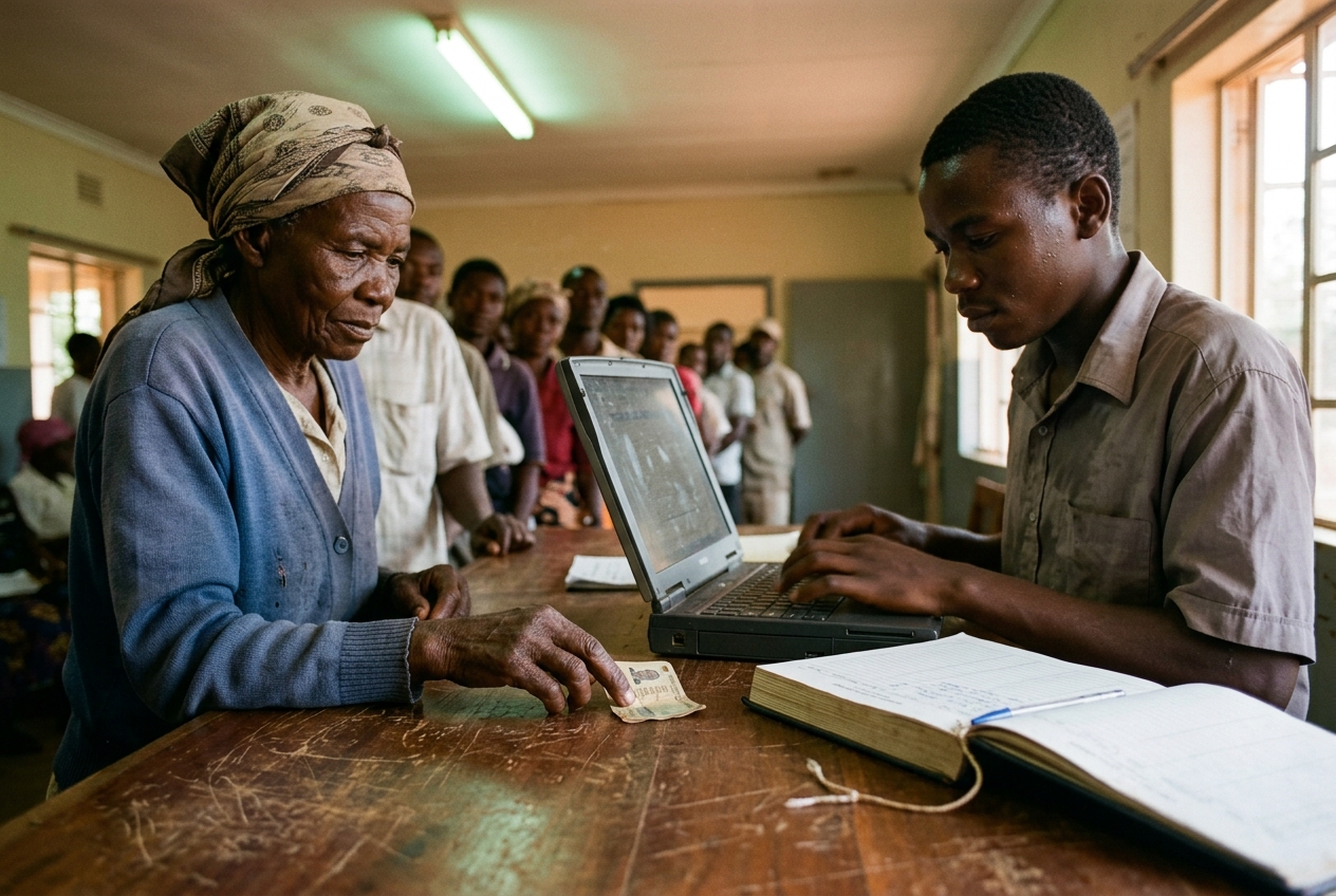 A records clerk registers an elderly woman at a clinic desk beside a hardbound register