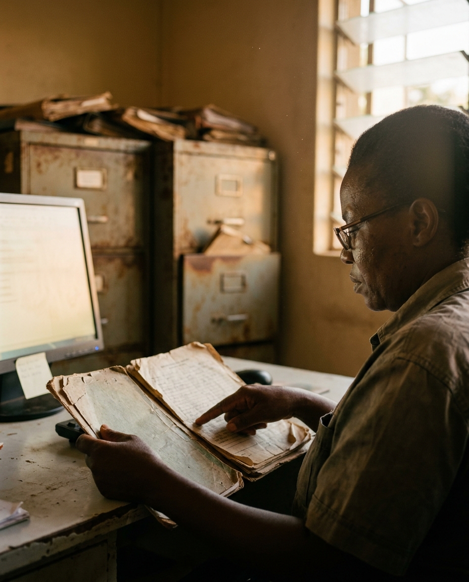 A health records officer compares two paper patient folders side by side
