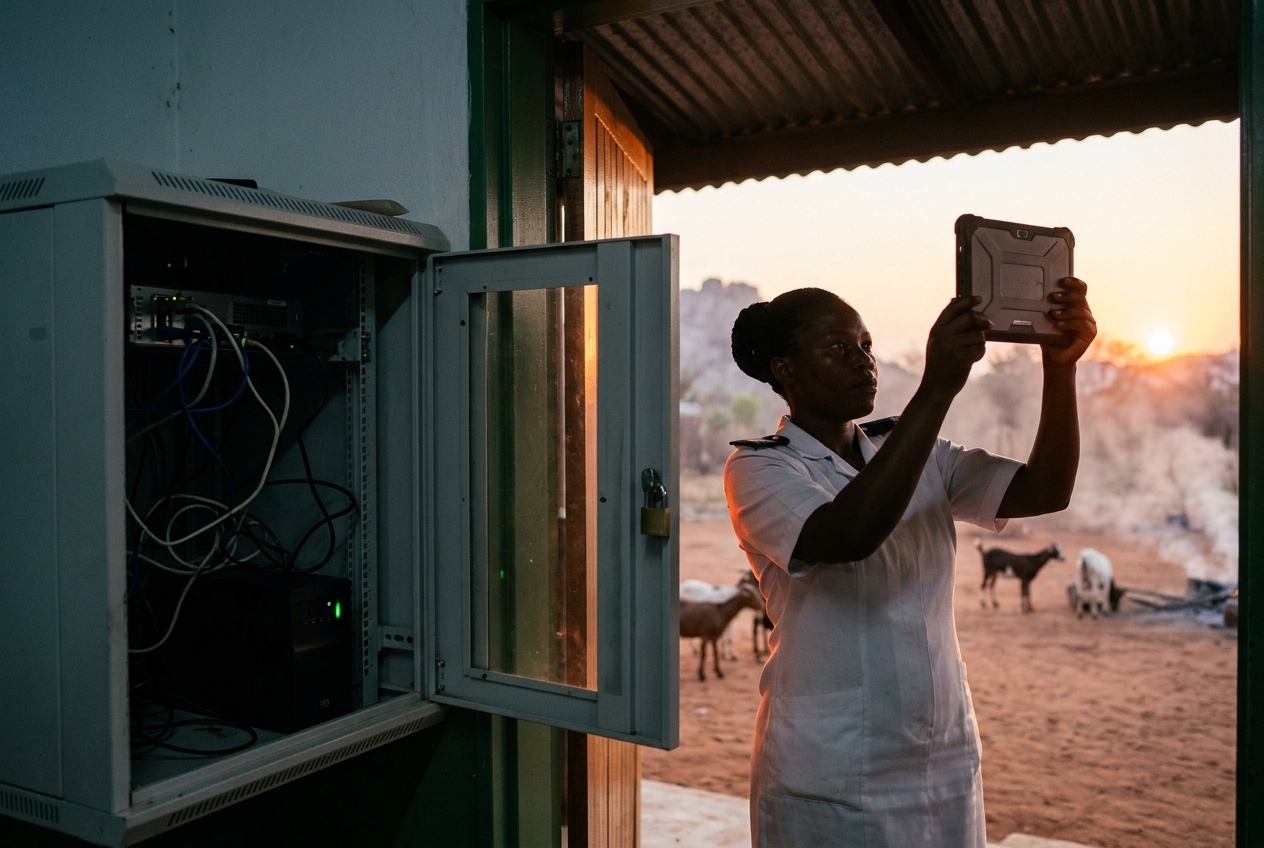 A nurse on a remote clinic veranda holds a rugged tablet up to hunt for signal at dusk