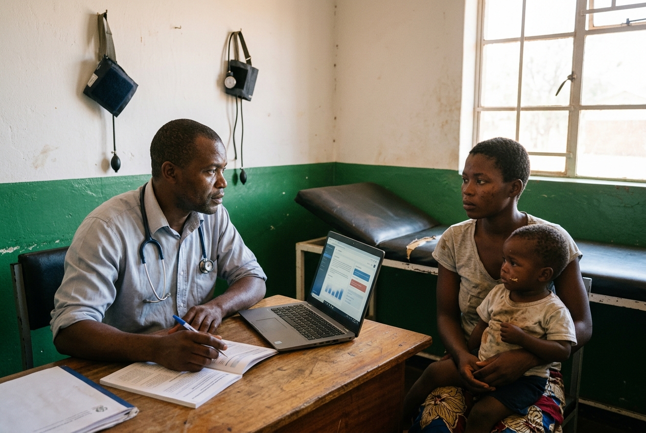 A doctor looks from a laptop to a young mother holding a feverish toddler, guideline booklet under his hand