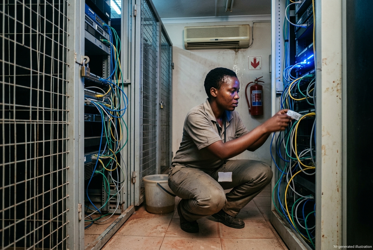 A sysadmin crouches to check cable labels on a half-filled rack in a provincial data centre