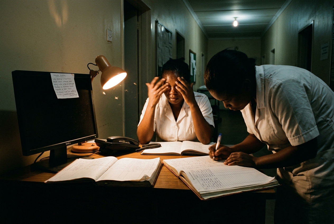 Night-shift nurses hand-write in hardbound ledgers beside a dark monitor during a system outage
