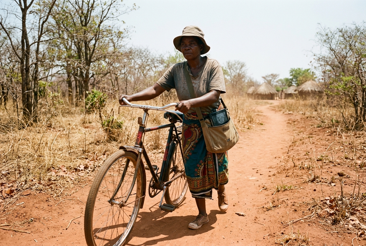 A village health worker wheels a bicycle along a dusty footpath toward thatched huts