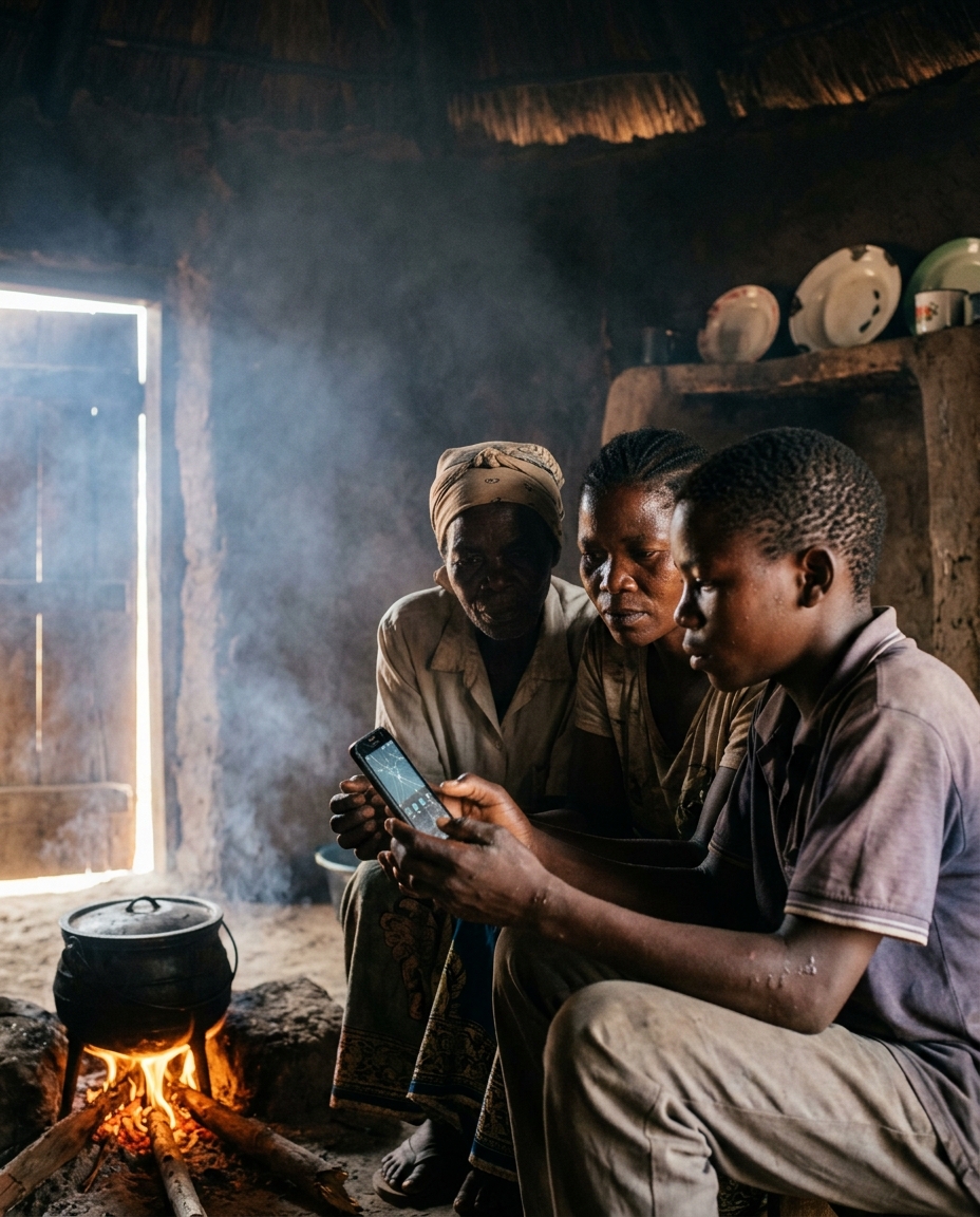 A grandmother, daughter and teenage son huddle over one cracked phone in a smoky kitchen hut