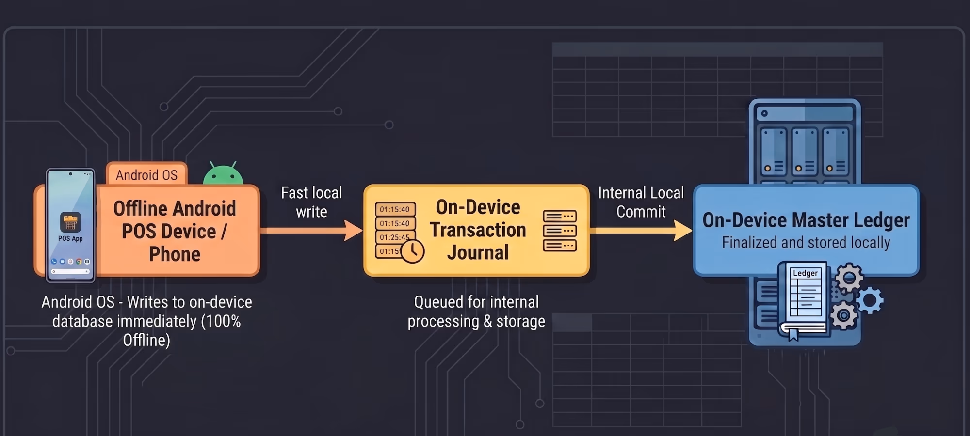 Local device writes immediately, sync queue holds until online, server ledger reconciled on reconnect