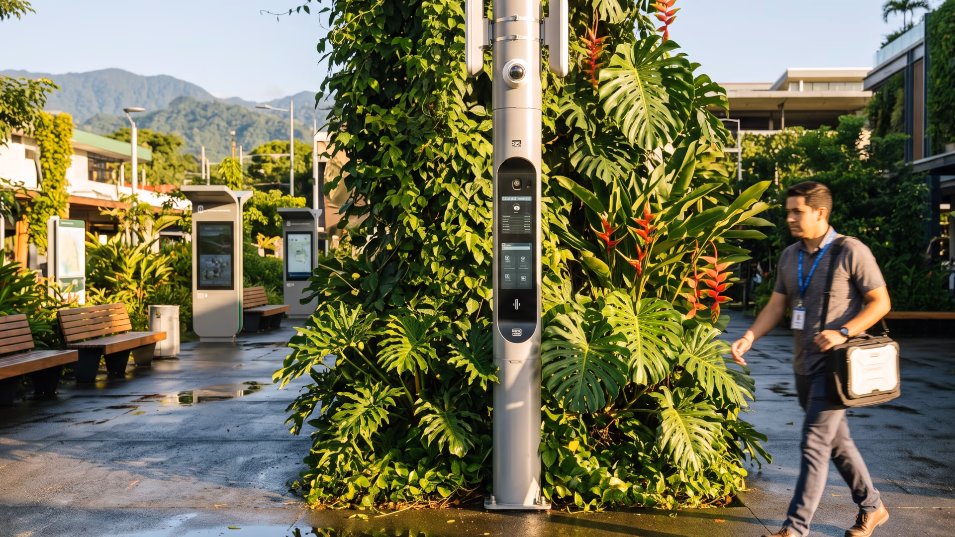 Harare street in jacaranda shade at mid-morning, a fibre pole with grass grown to its base